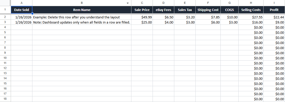 Reseller spreadsheet sales log